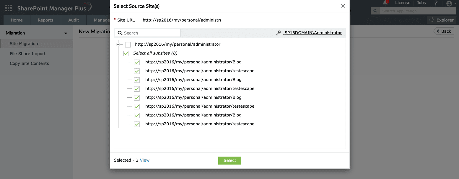 Adding source sites to migrate to SharePoint Online using SharePoint Manager Plus.