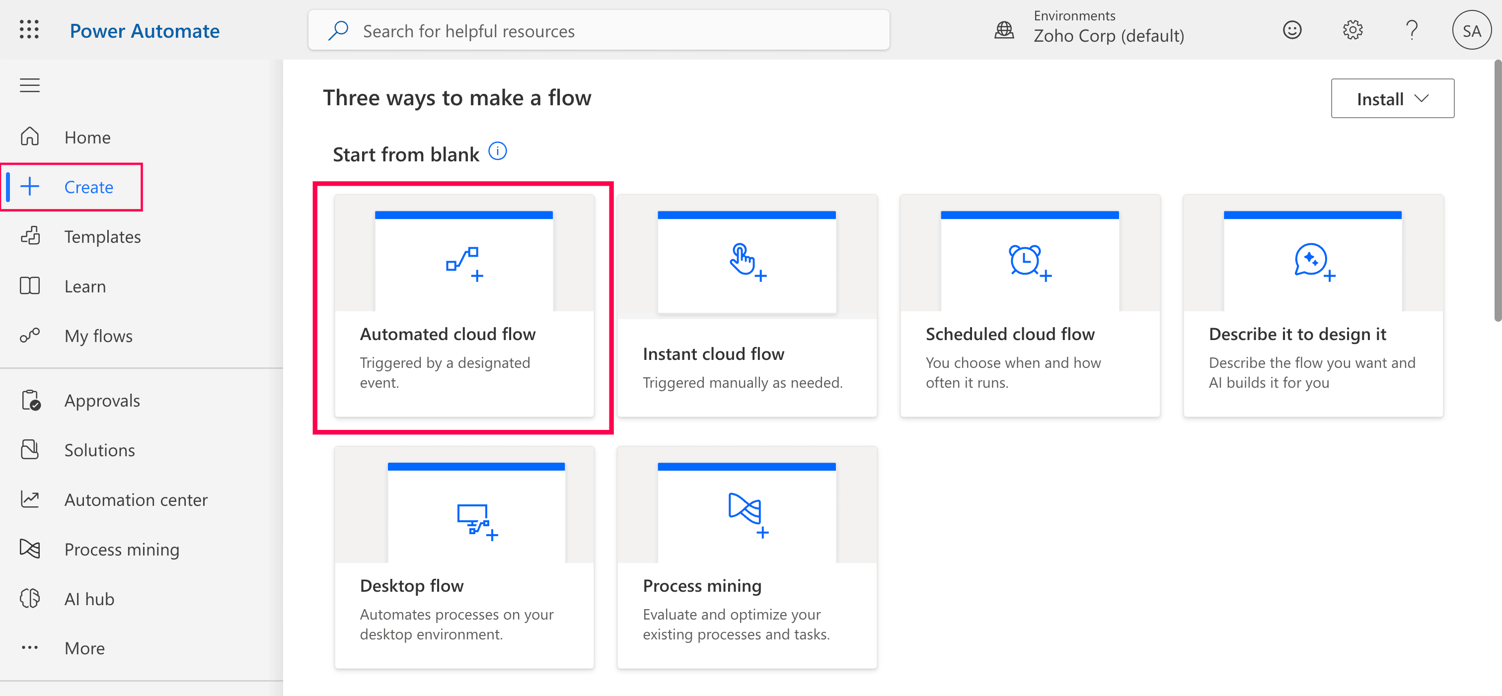 Selecting Automated cloud flow in Power Automate.