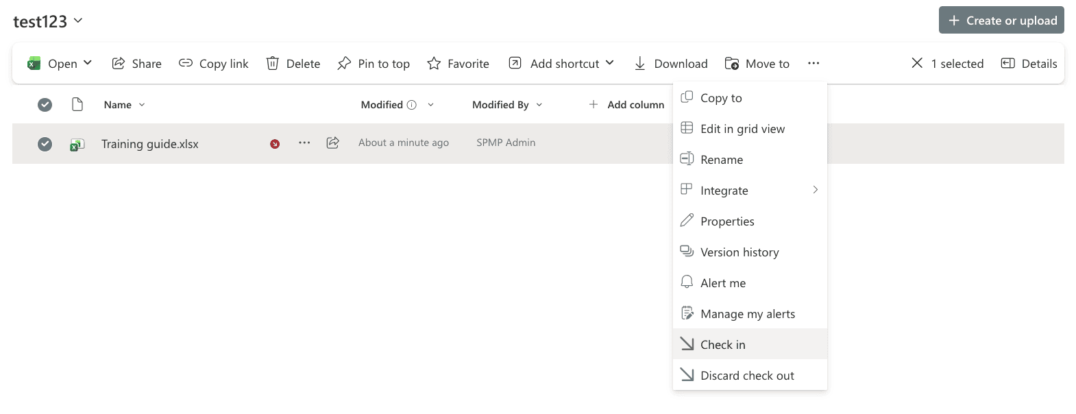 Checking in an Excel file in SharePoint Online.