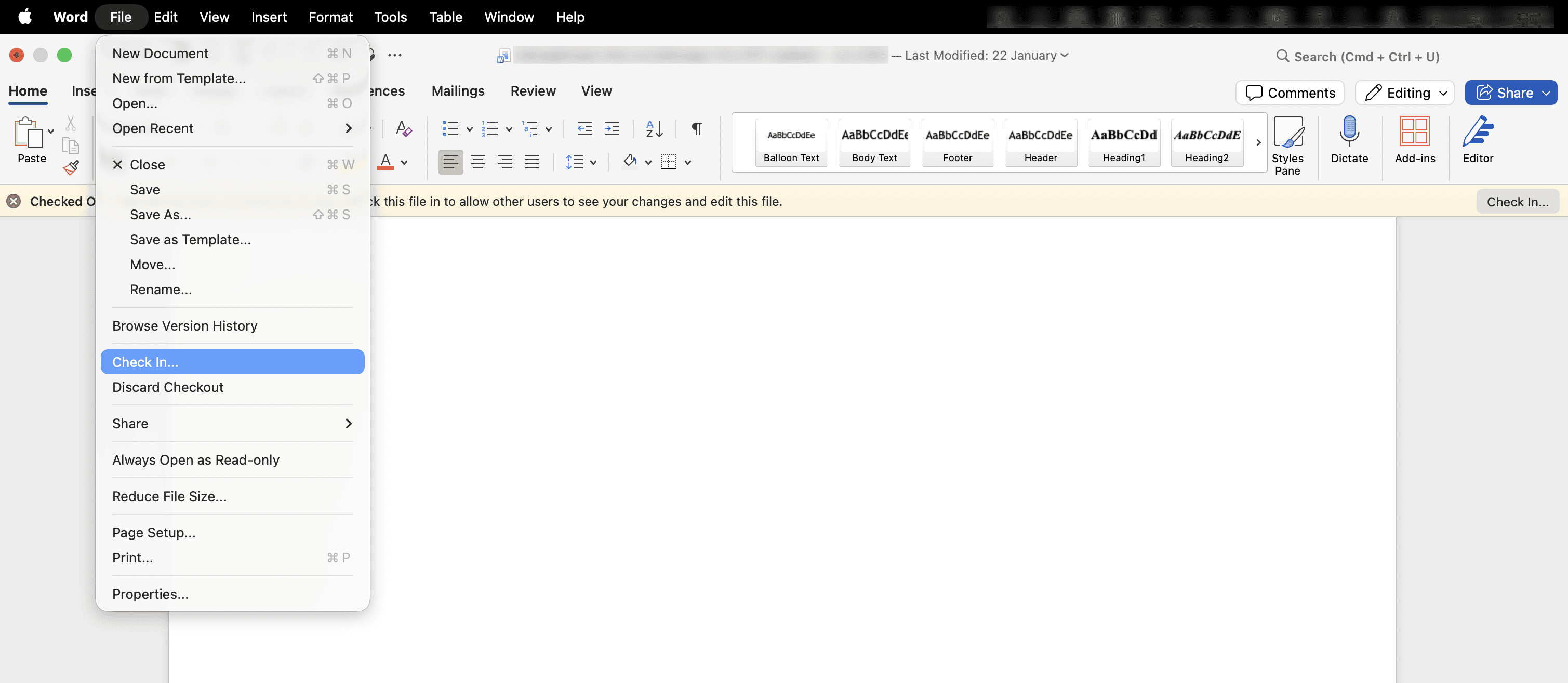 Checking in a Word document directly from the desktop application.