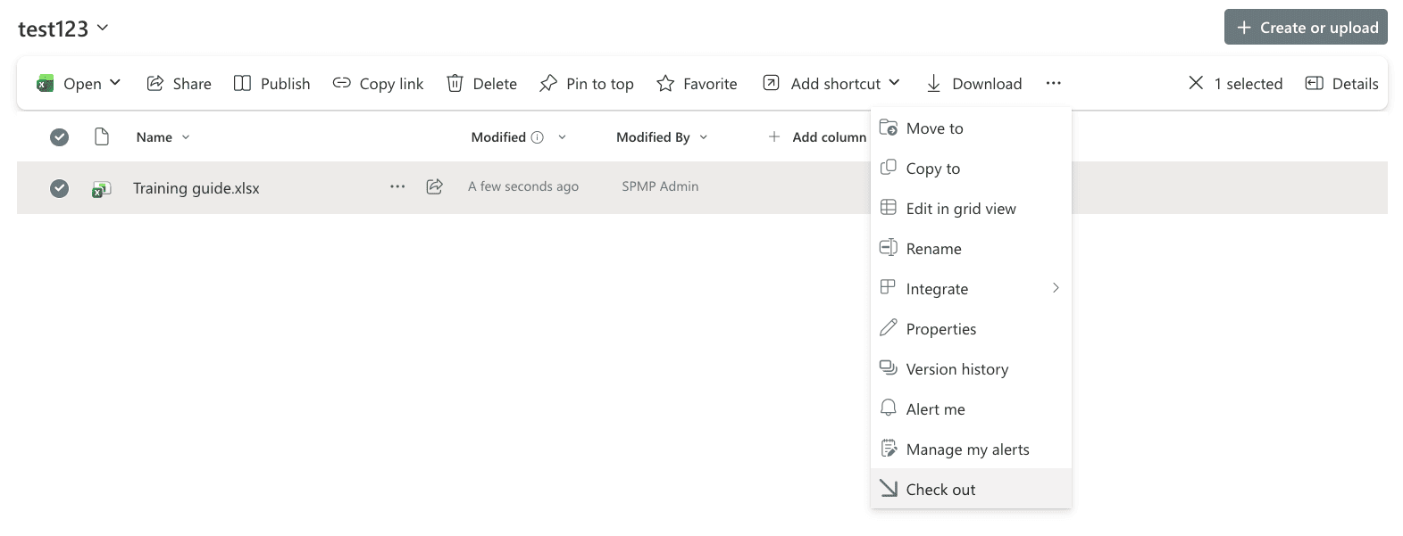 Checking out an Excel file in SharePoint Online.