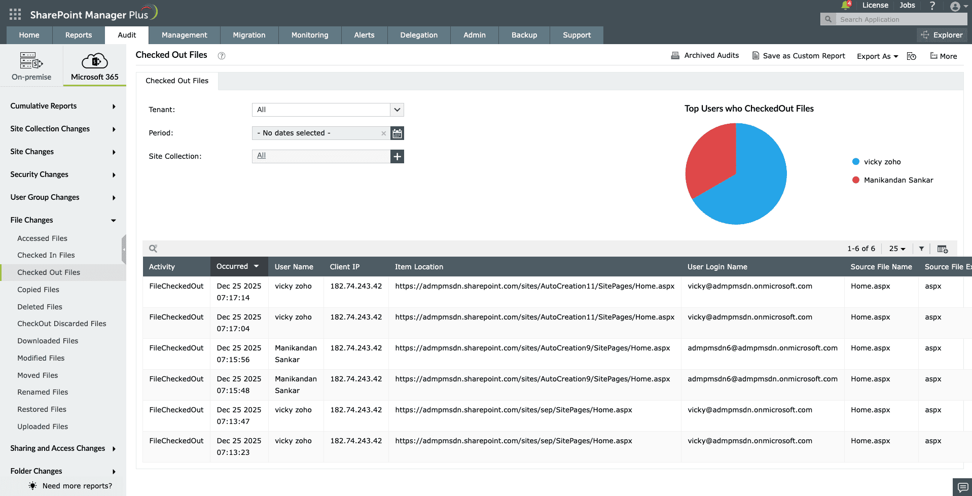 Generating the Checked Out Files report in SharePoint Manager Plus.