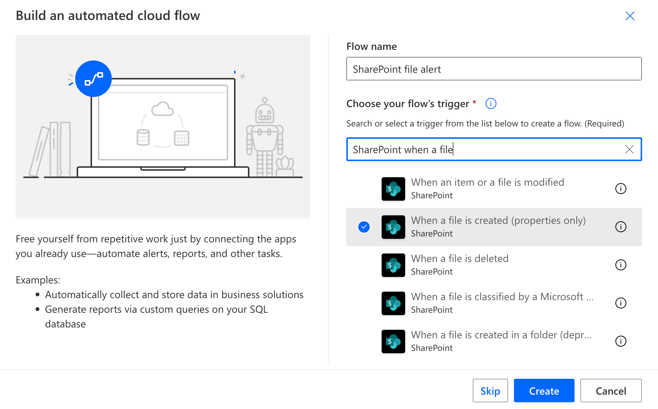 Choosing the flow trigger in Power Automate.