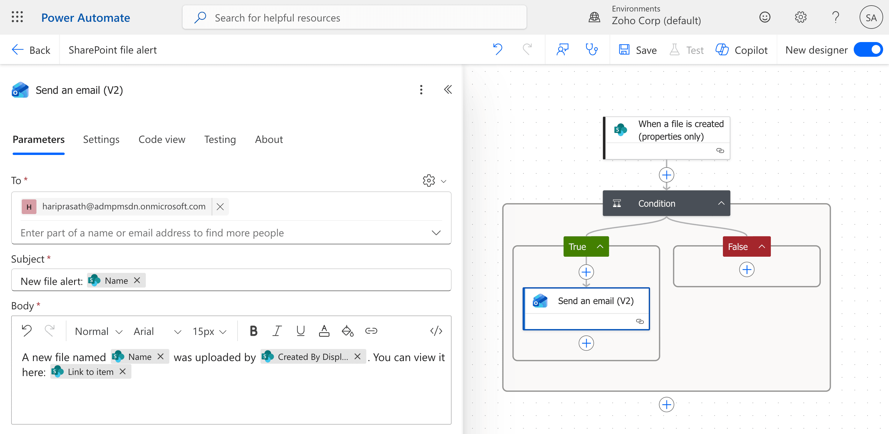 Configuring email recipients in Power Automate.