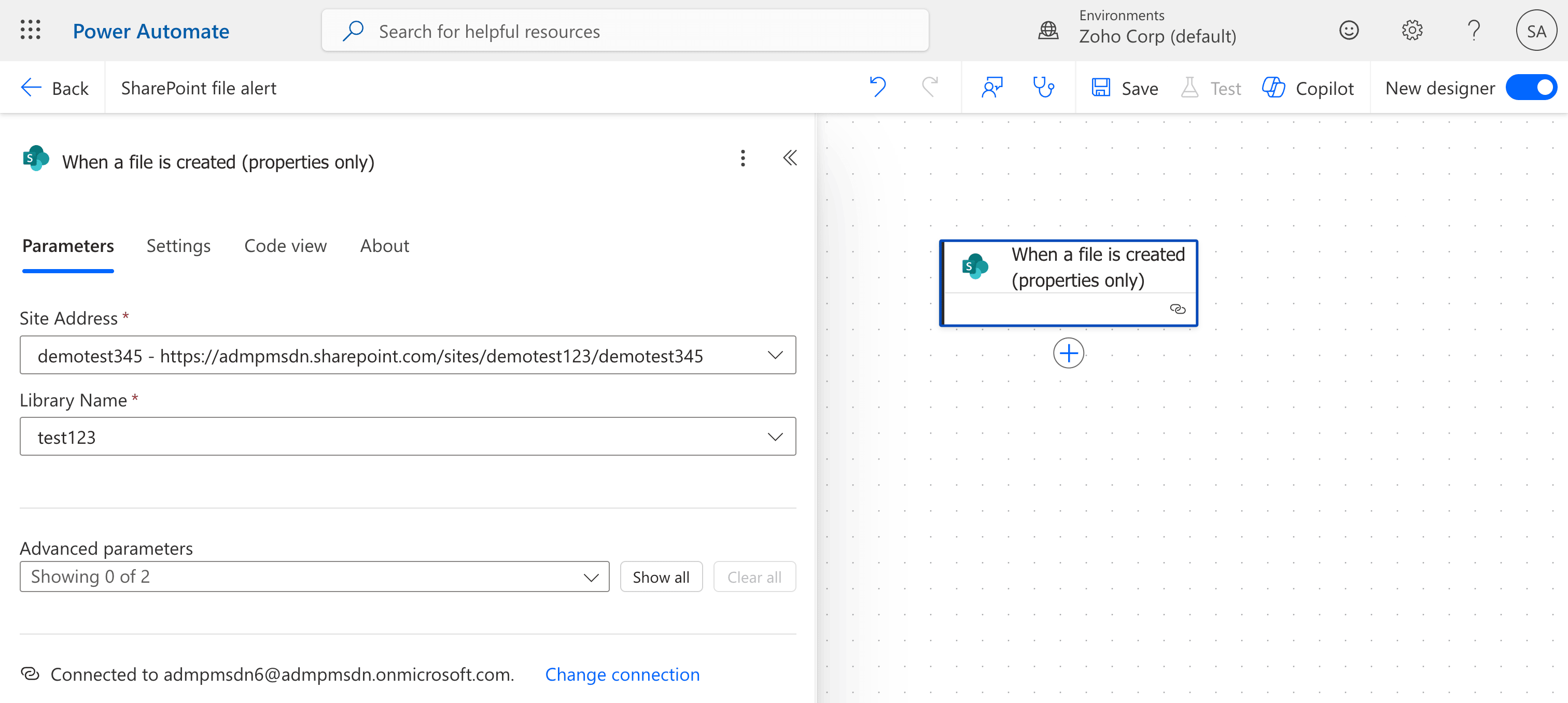 Configuring site address, library, and folder to create an alert in Power Automate.