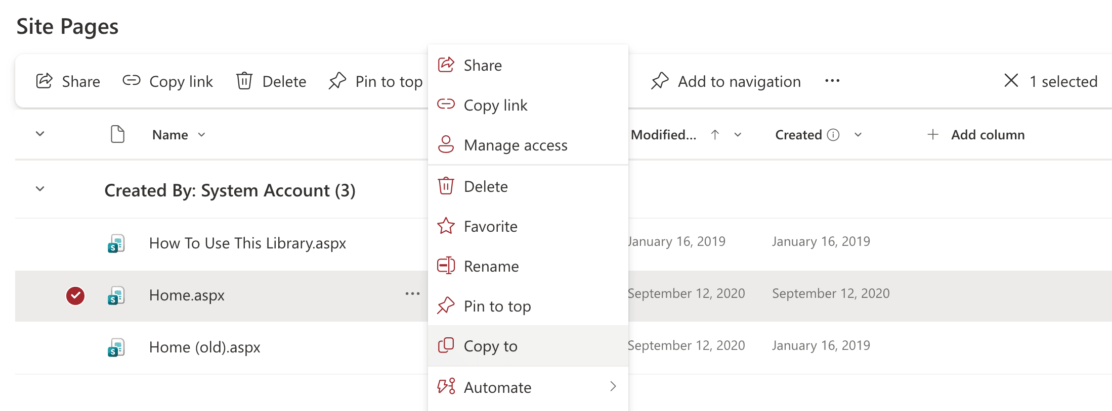 Copying a site page in SharePoint Online.