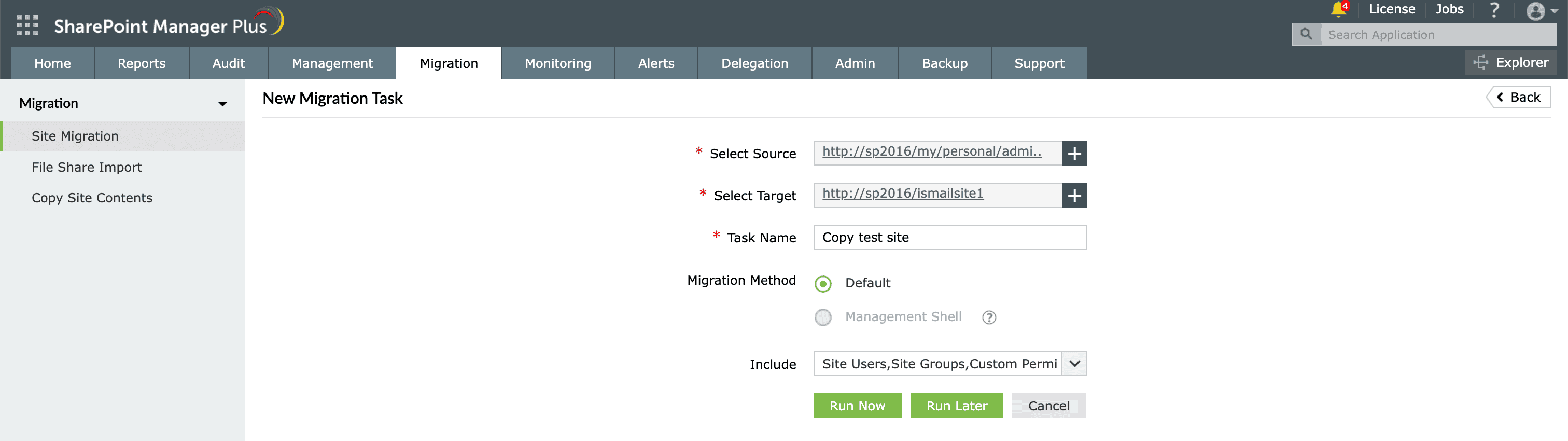 Copying a SharePoint site using SharePoint Manager Plus.