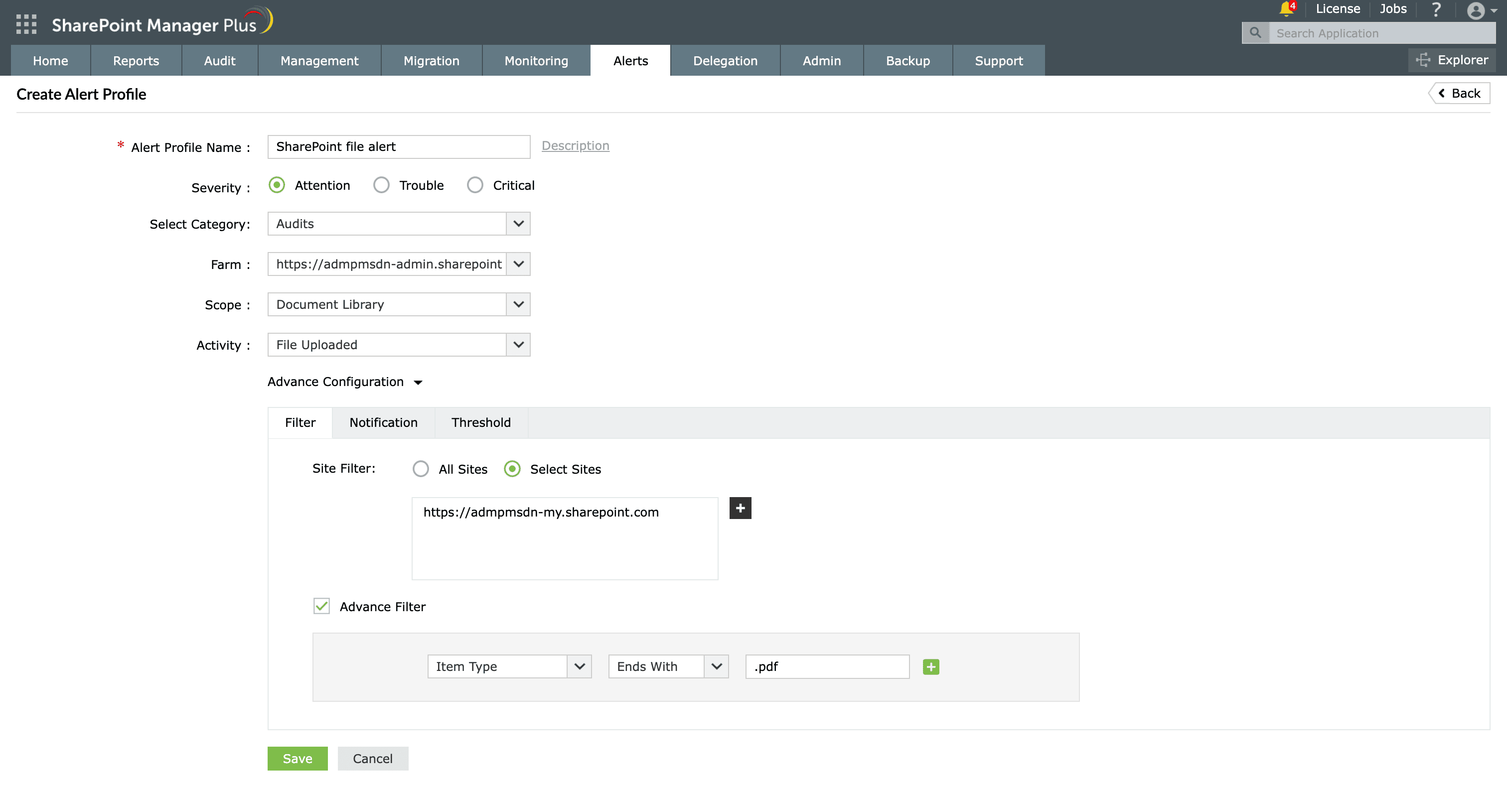 Adding email recipients for a SharePoint alert in SharePoint Manager Plus.