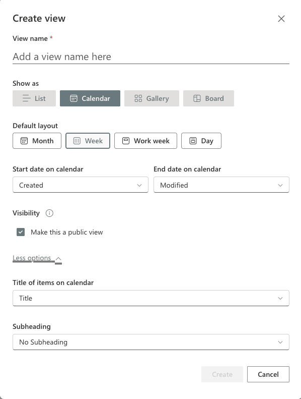 The Create view pane in SharePoint Online showing options for a Calendar view, including layouts like Month and fields for start and end dates.