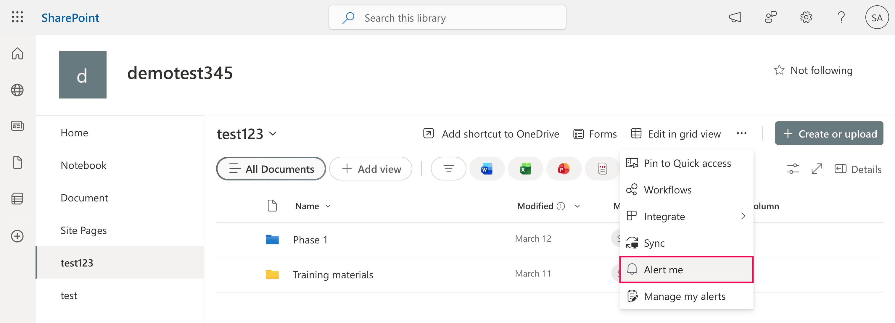 Creating a SharePoint alert using Classic Alerts.