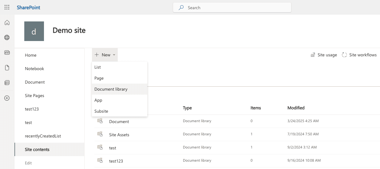 Creating a new document library from the Site contents page in SharePoint Online