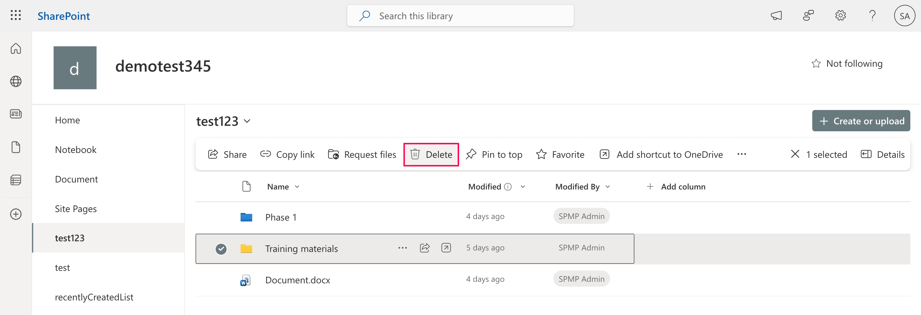 Deleting a folder in SharePoint Online.