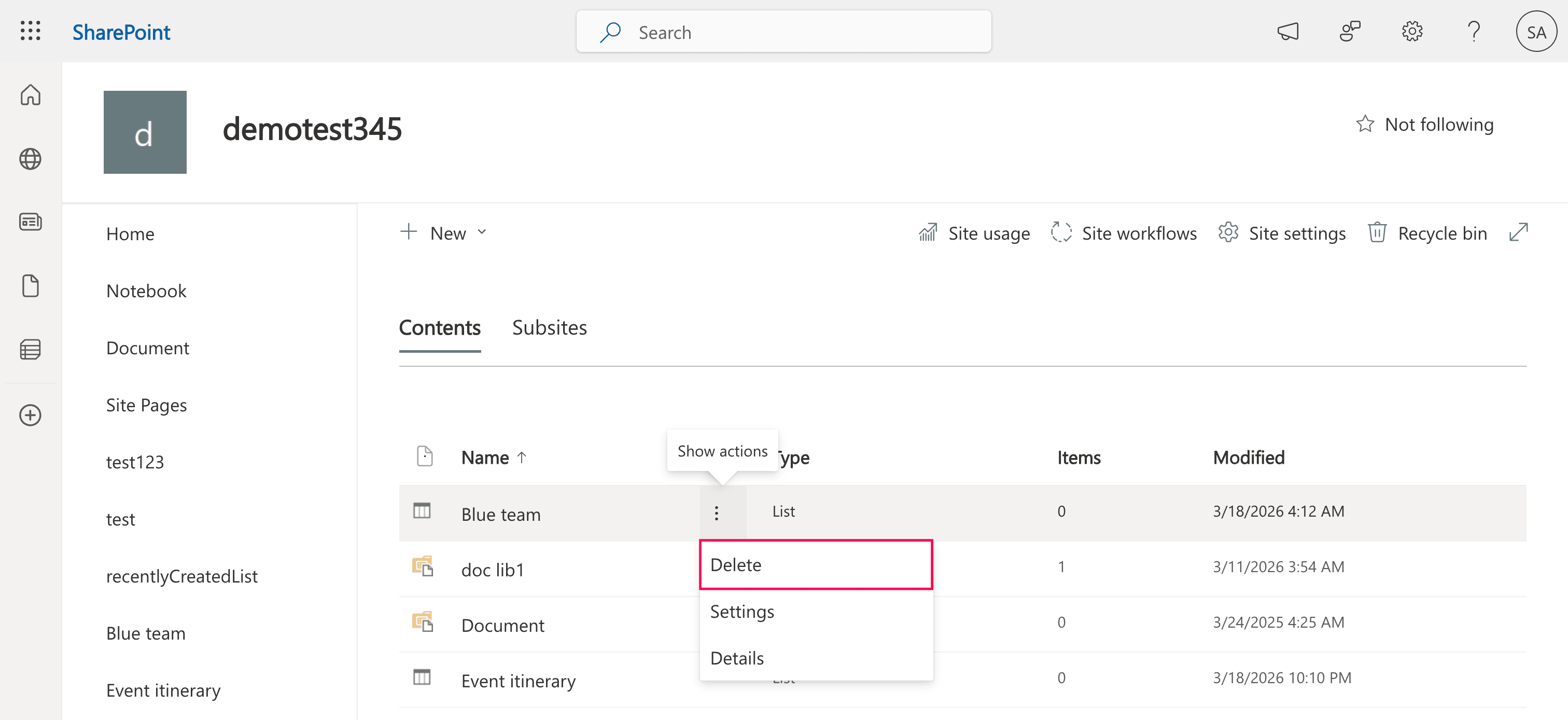 Deleting a SharePoint list from the Site contents tab.