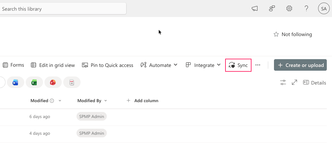 Syncing a SharePoint document library to the local machine using OneDrive.