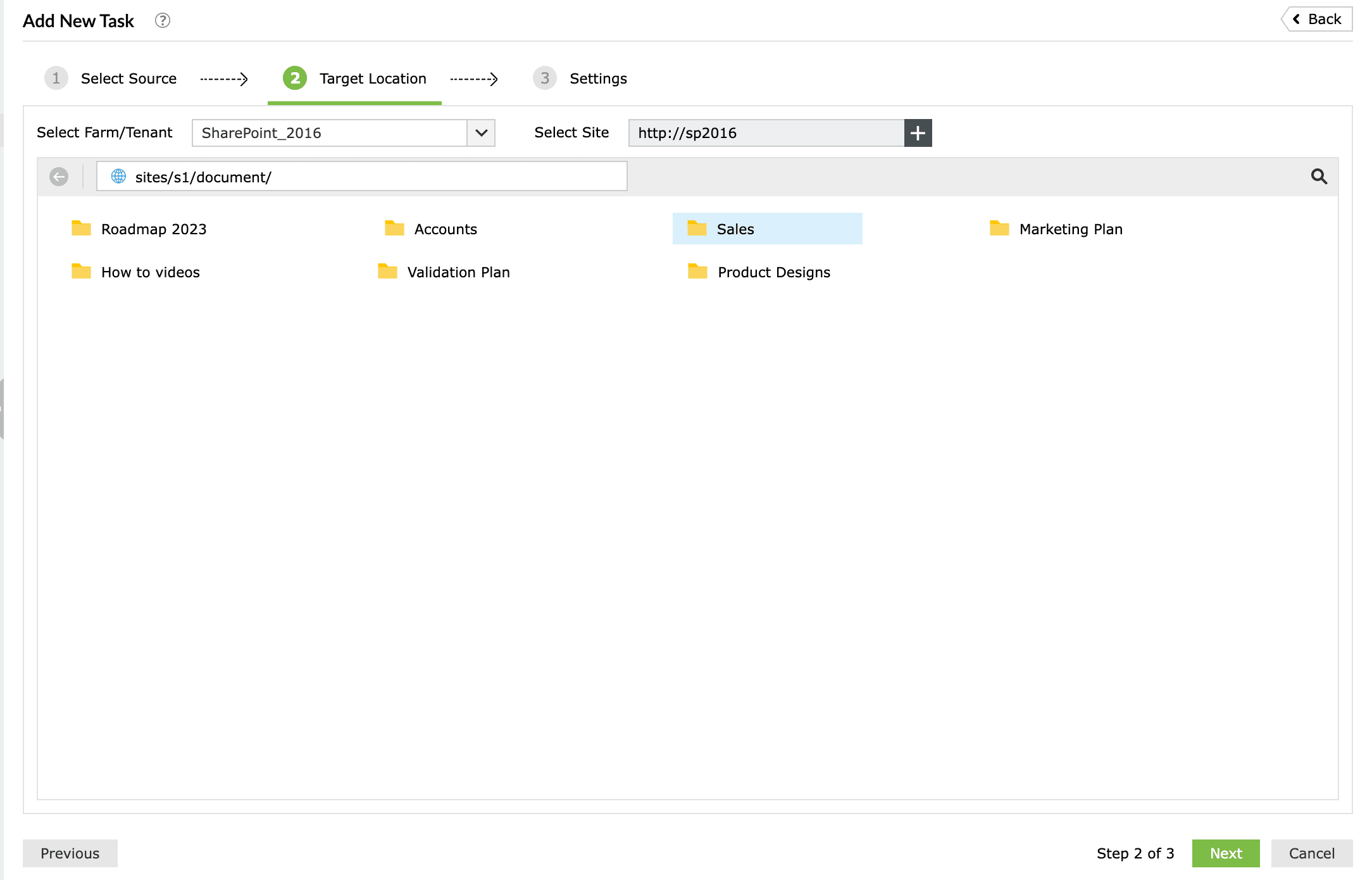 The SharePoint Manager Plus Select Source tab, highlighting the farm, site, and selected SharePoint lists for the copy operation.
