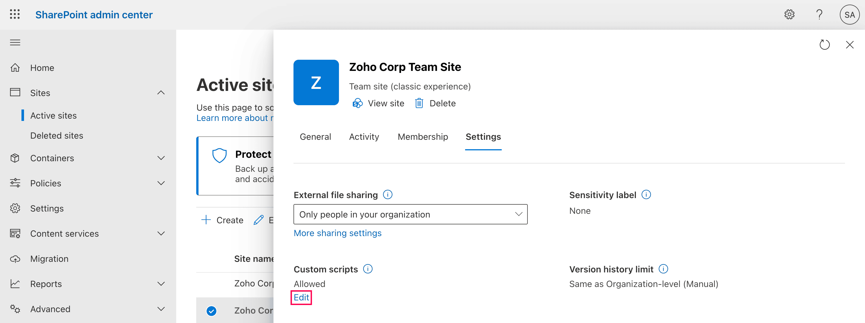 Editing custom scripts settings for a SharePoint Online site