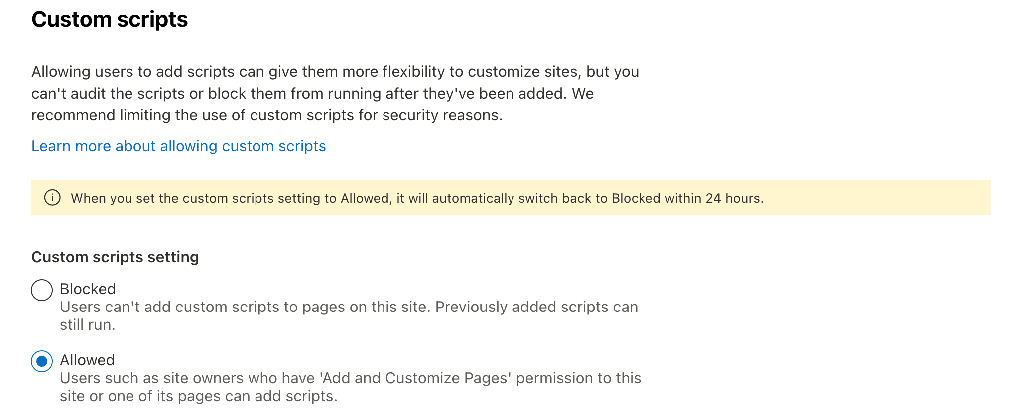Enabling custom scripts for a SharePoint Online site