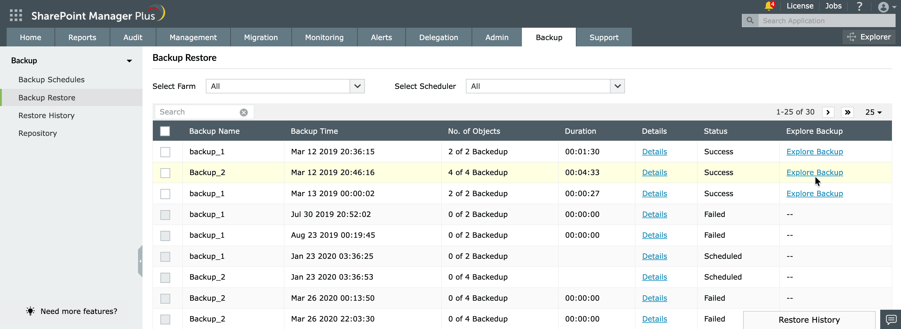 Navigating to restore a SharePoint backup in SharePoint Manager Plus.