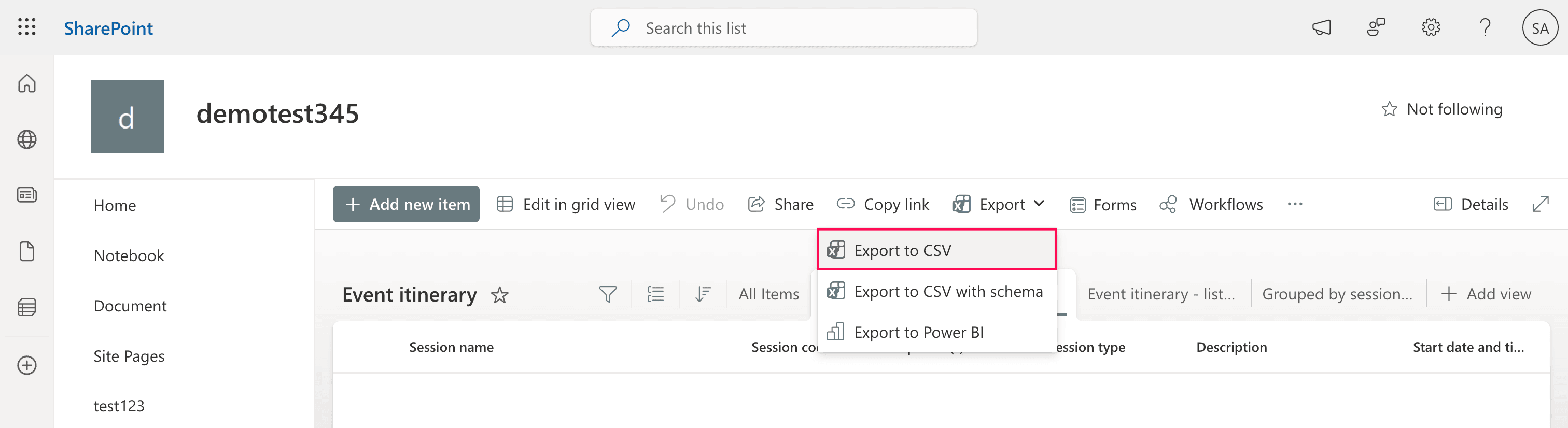Exporting a SharePoint list to a CSV.