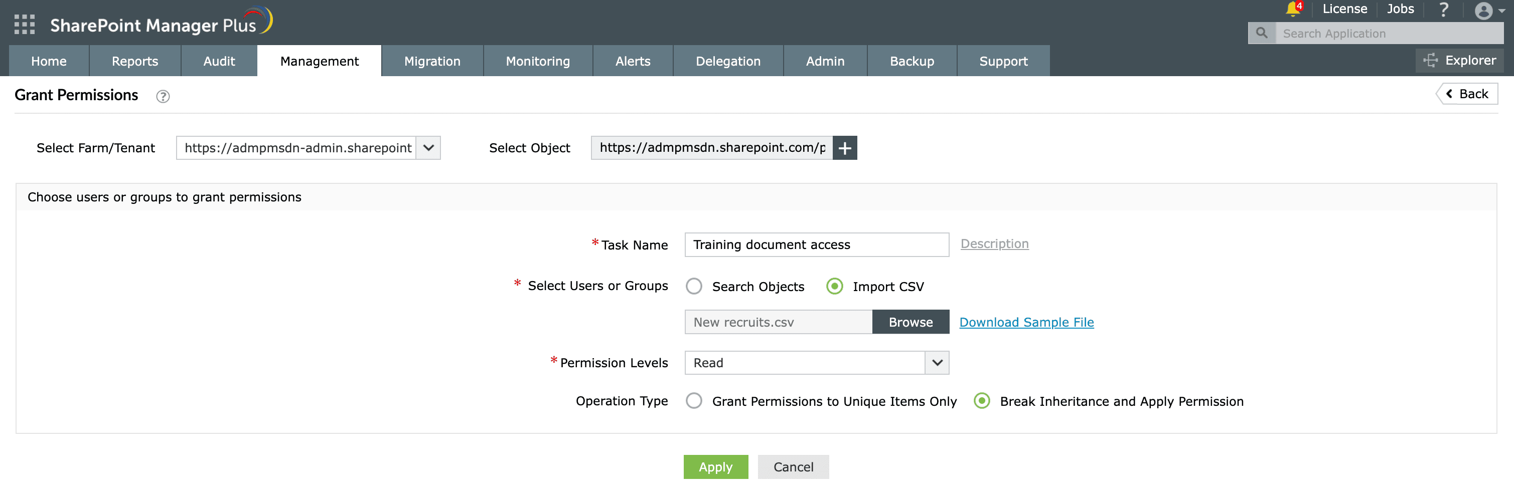 Granting permissions to a SharePoint document library using SharePoint Manager Plus