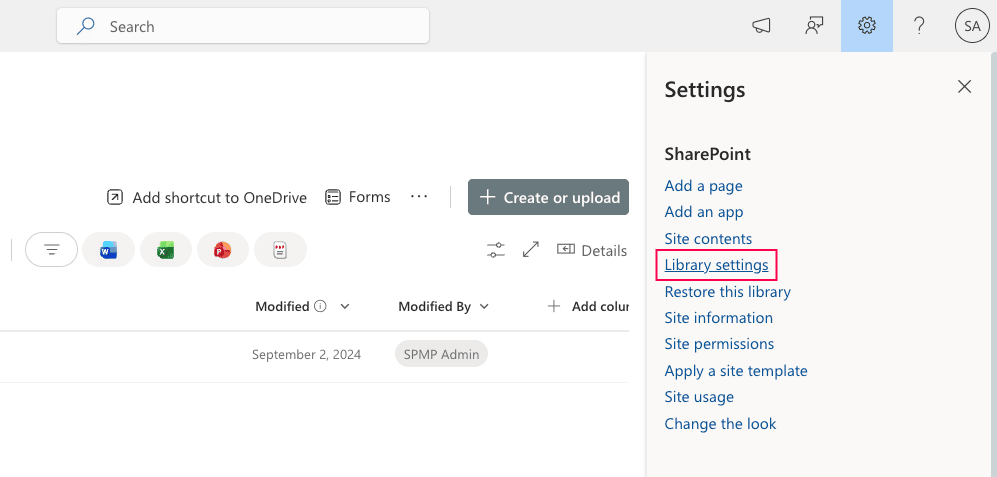 Navigating to the Libary settings in SharePoint Online to delete a document library.