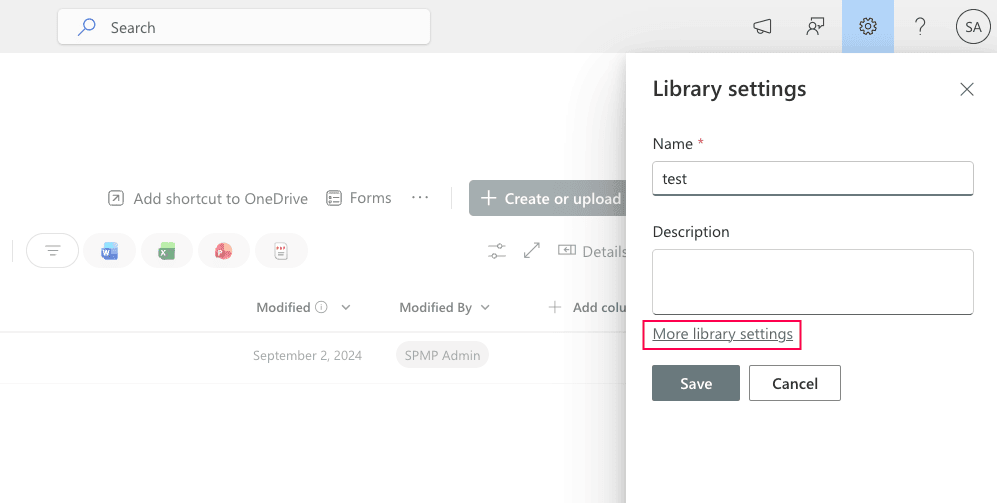 Clicking More library settings on the Library settings pane.