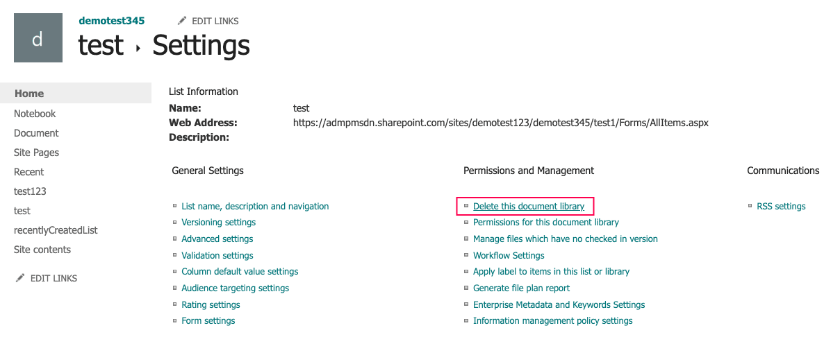 Deleting a document library from the library settings page in SharePoint Online.