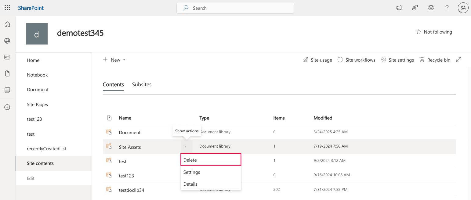 Deleting a document library from the Site contents tab.