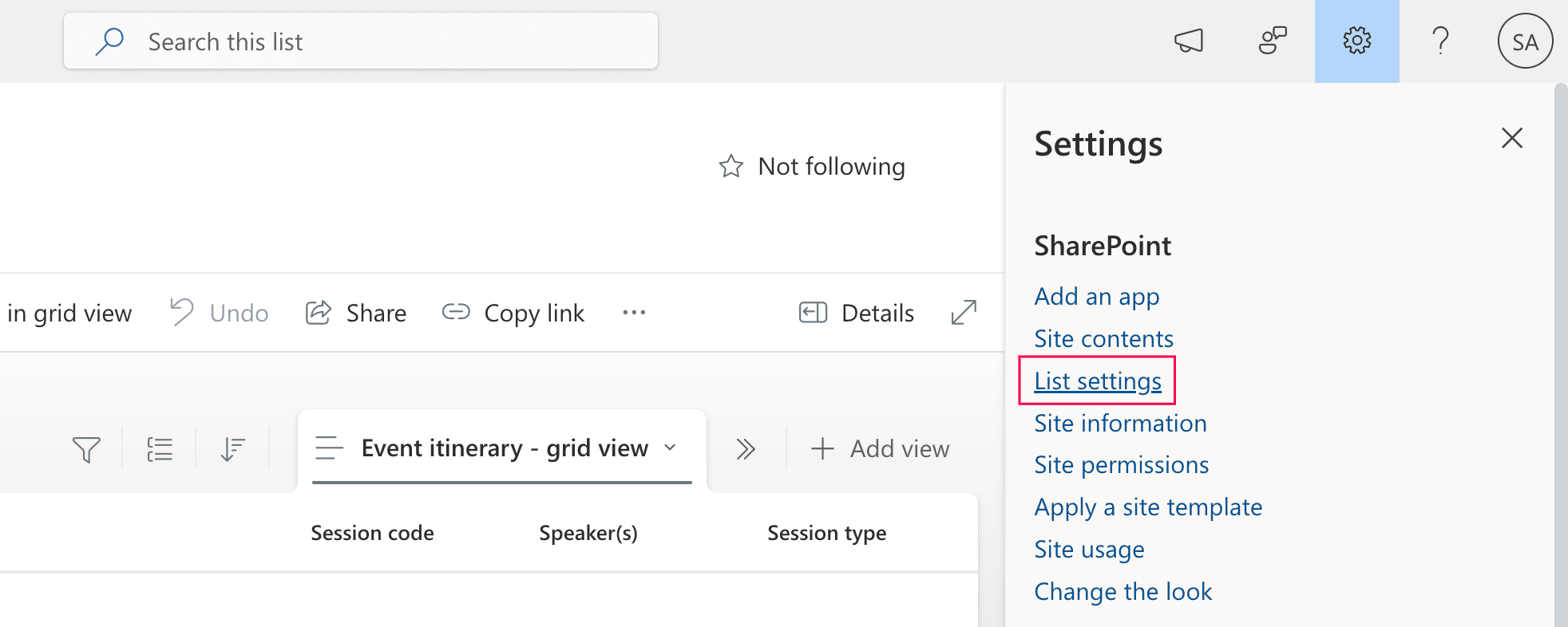 Navigating to List settings in SharePoint Online.