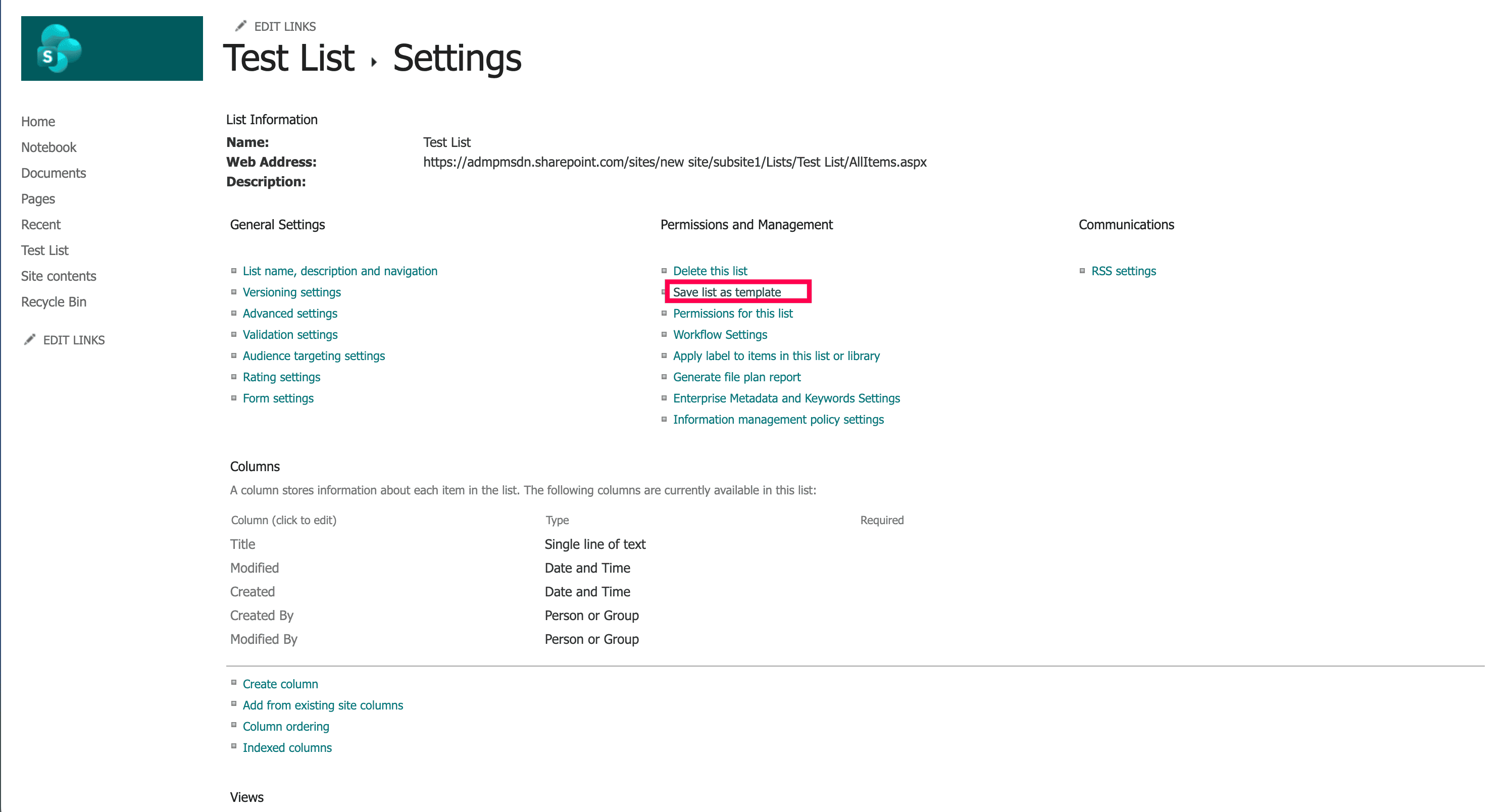 The SharePoint List Settings page with the Save list as template option highlighted under Permissions and Management.