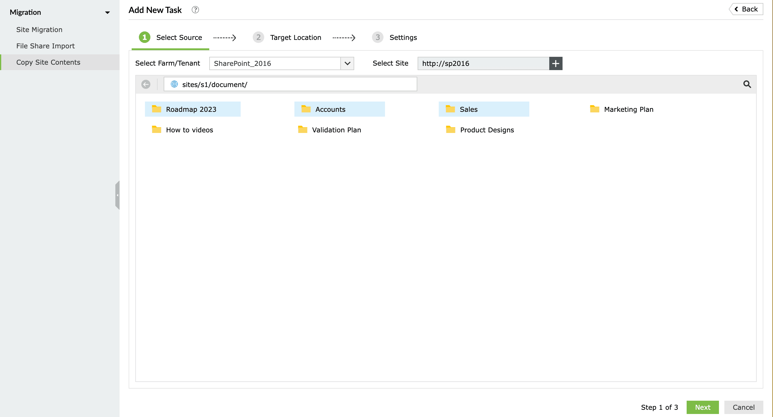 SharePoint Manager Plus migration wizard showing the Select Source tab with multiple lists selected to migrate across sites.
