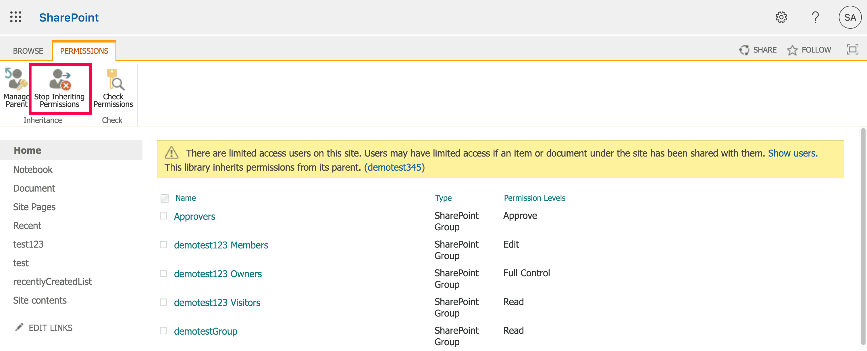 Modifying permissions inheritance for a SharePoint document library.