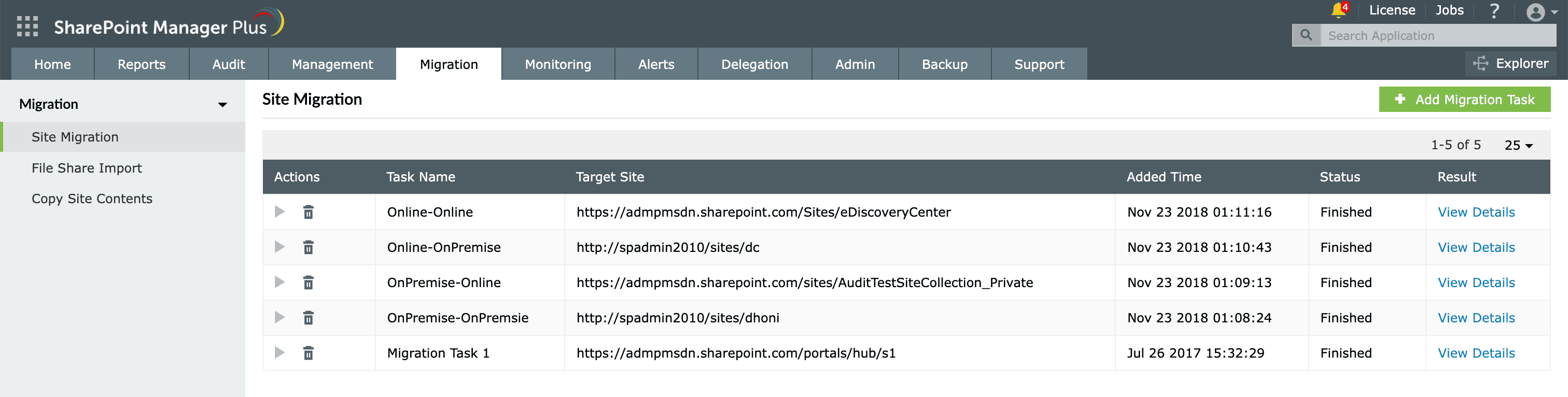 Monitoring the site migration process in SharePoint Manager Plus.