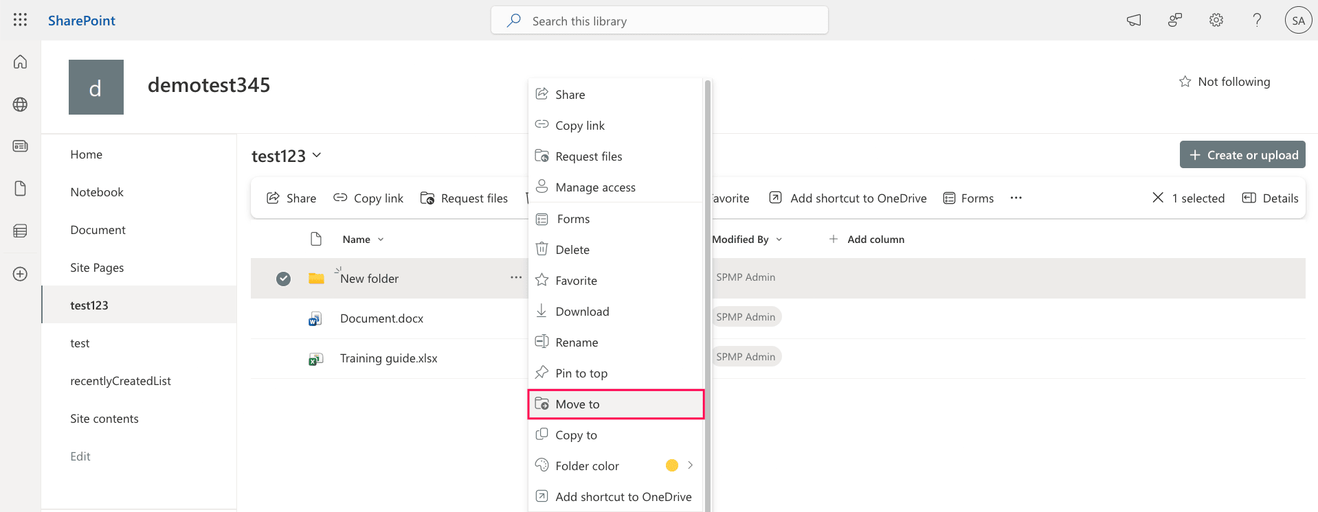 Moving a SharePoint folder using the Move to command.