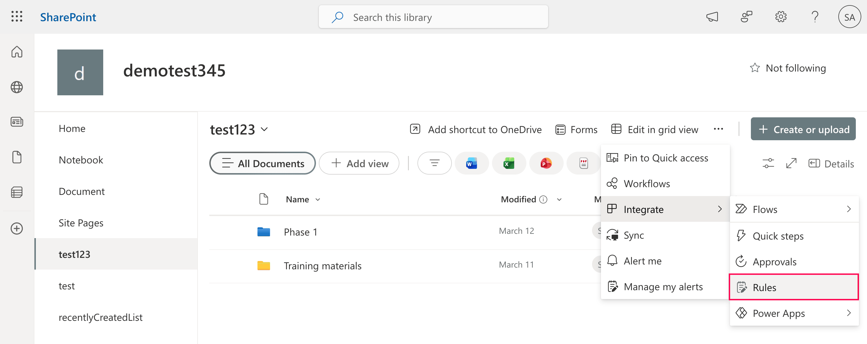 Navigating to Rules to create alerts in SharePoint Online.