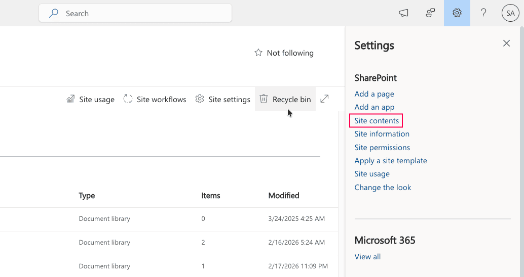 Navigating to Site contents in SharePoint Online to restore a document library.