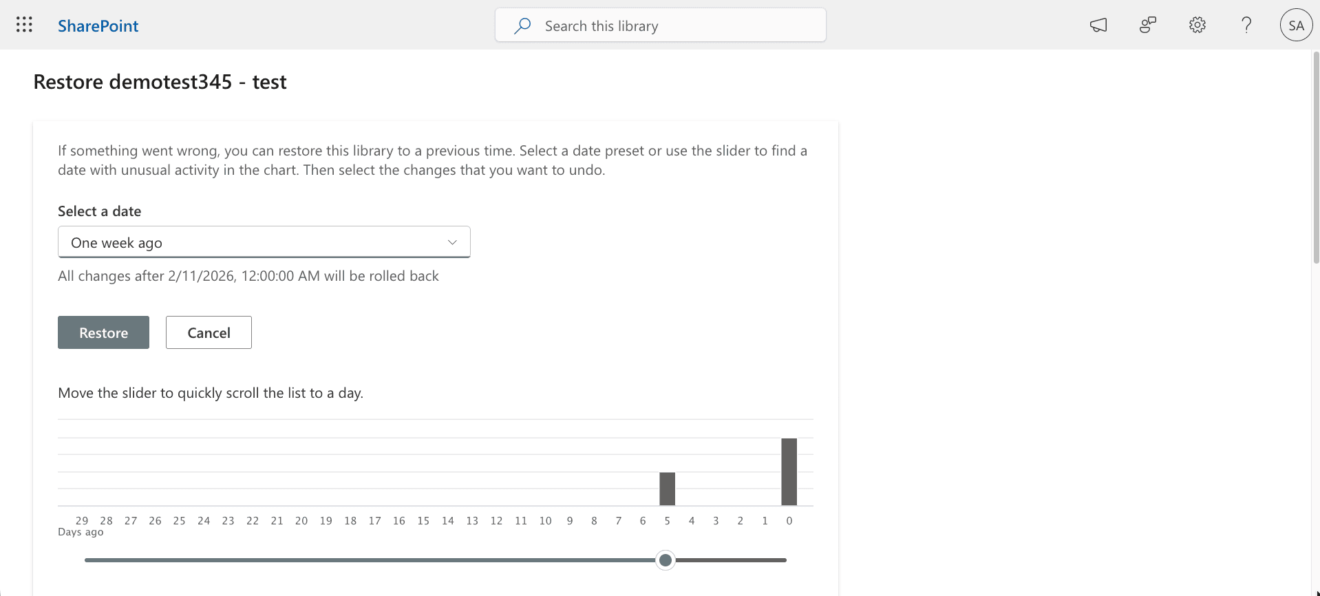 Restoring a SharePoint document library to a previous version in SharePoint Online.
