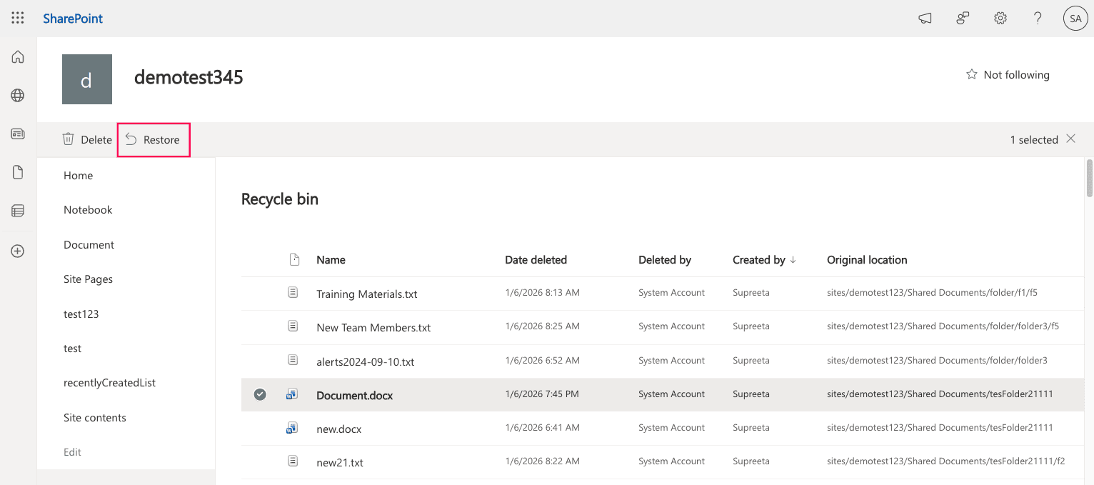 Restoring a document library from the Recycle Bin in SharePoint Online.