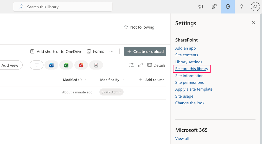 Navigating to the Restore this library option in SharePoint Online.