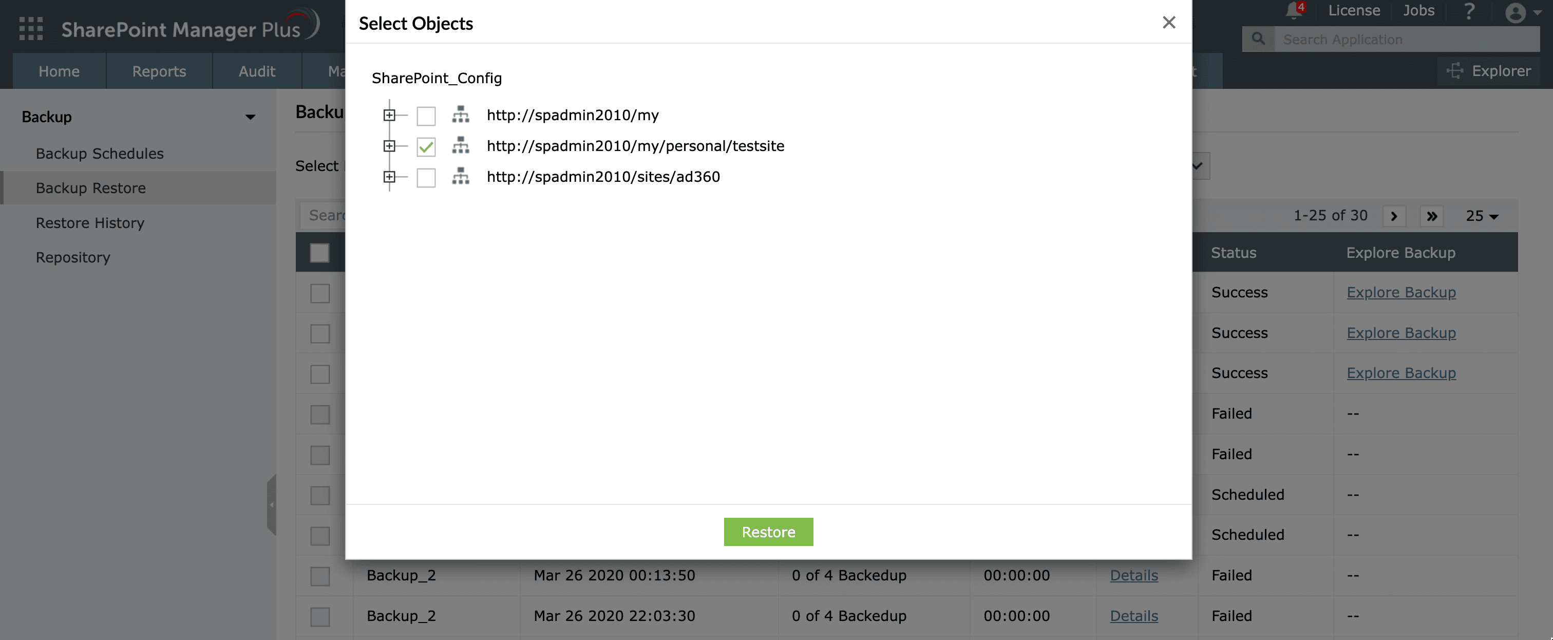 Restoring a SharePoint backup using SharePoint Manager Plus.