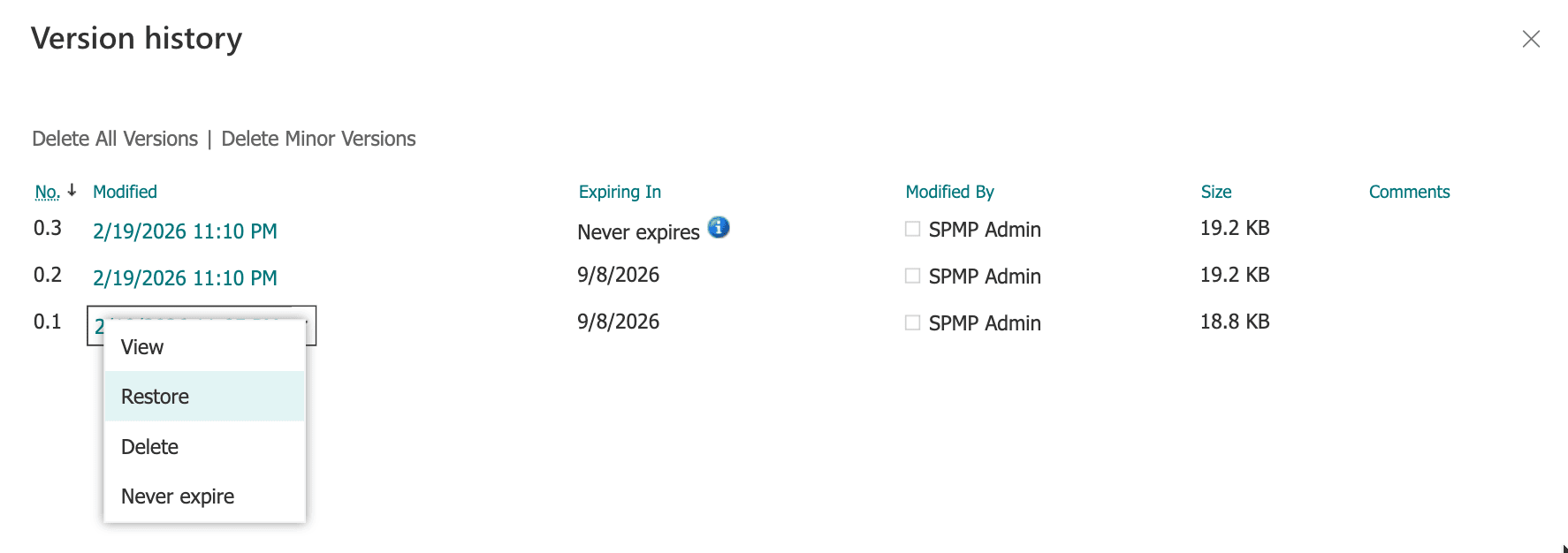 Restoring a file to a previous version in SharePoint Online.