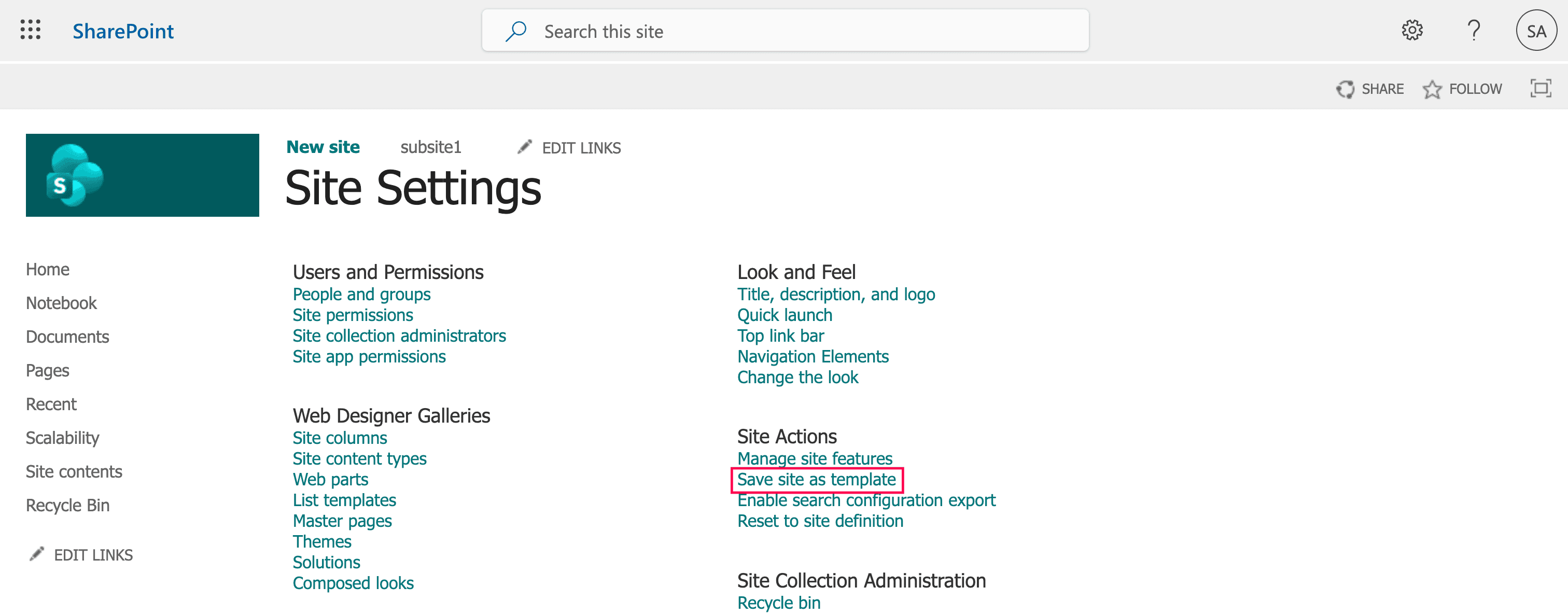 Navigating to the Save site as template option in Site Settings.