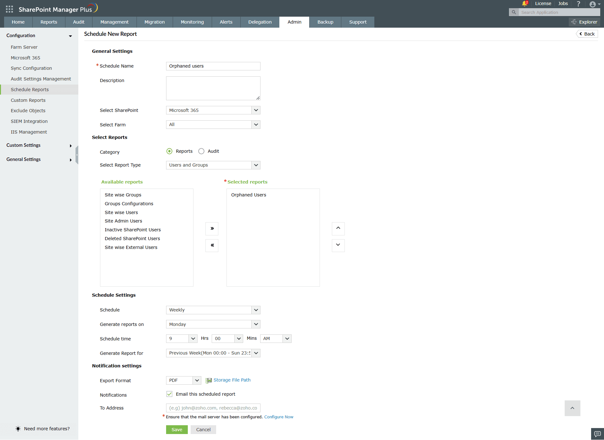 Scheduling a report on orphaned users using SharePoint Manager Plus