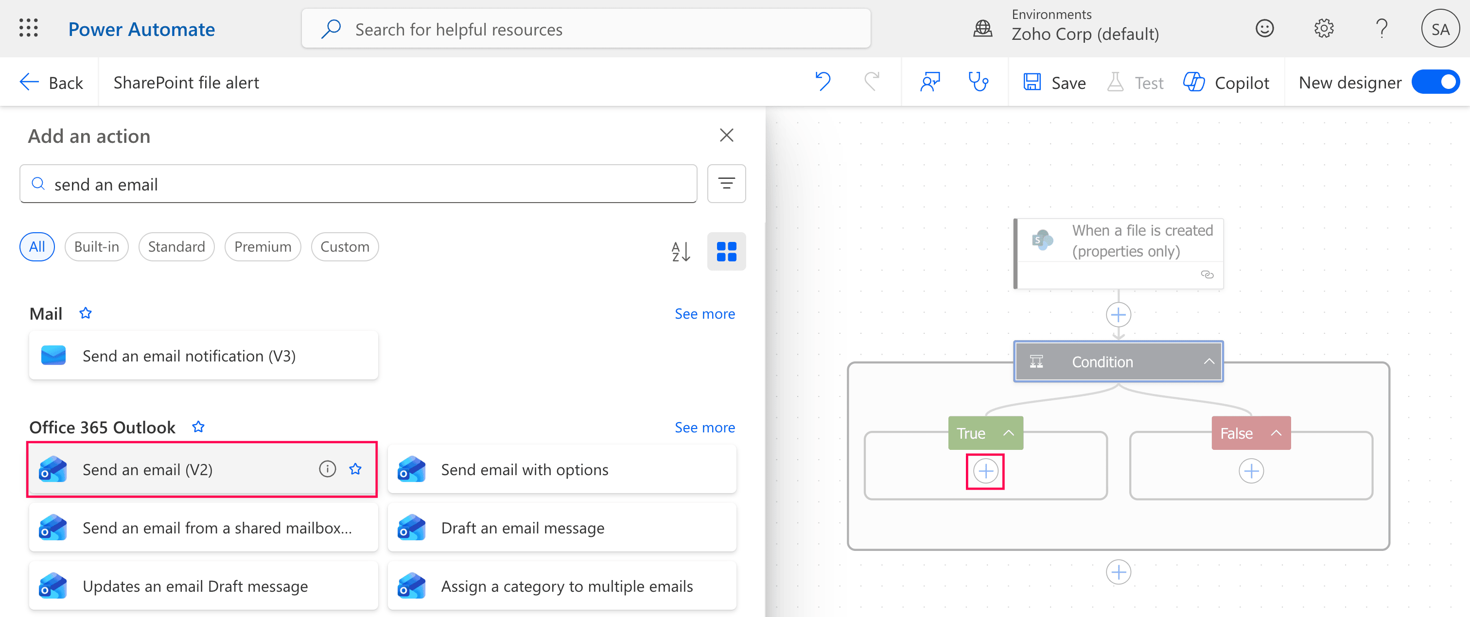 Adding Send an email (V2) action.