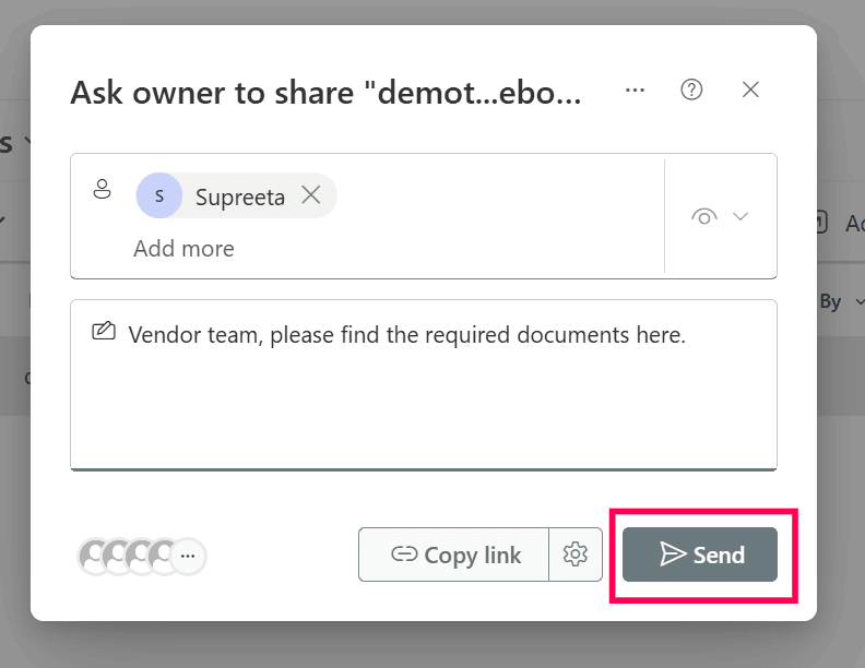 Using the Share dialog in SharePoint Online to send a file to external users