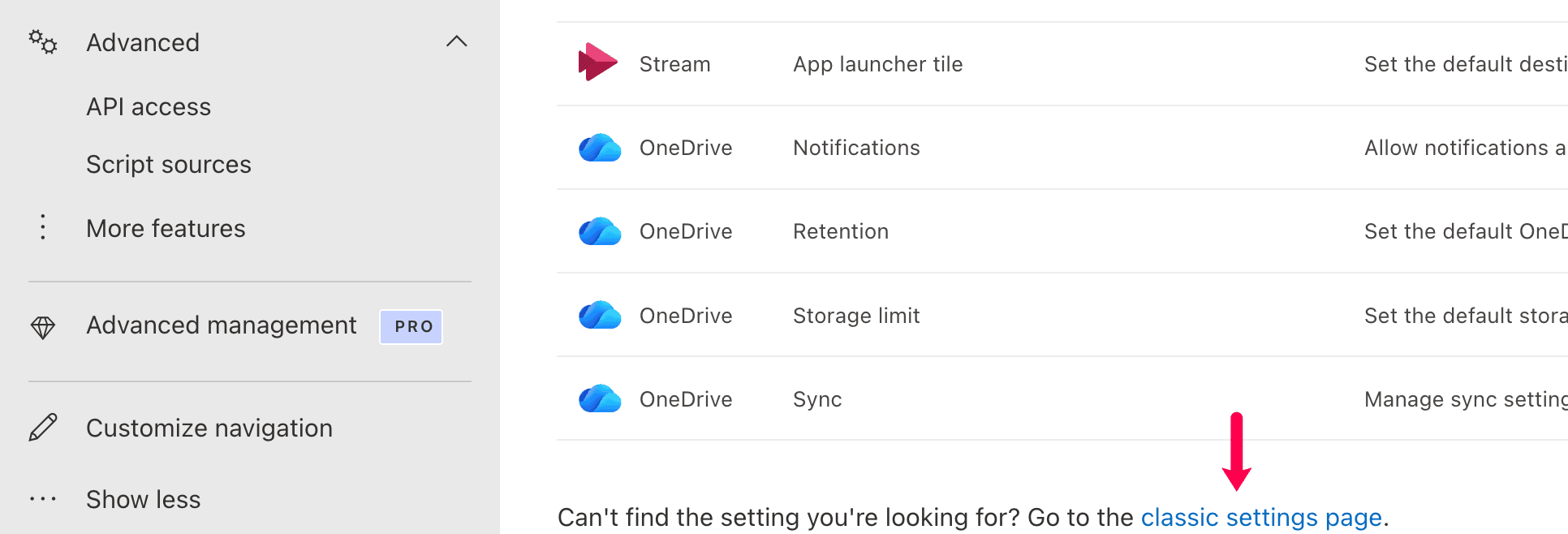 Navigating to the classic settings page in SharePoint admin center