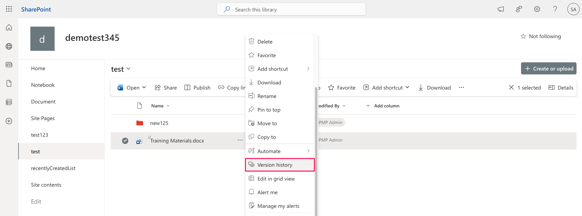 Navigating to Version history in SharePoint Online