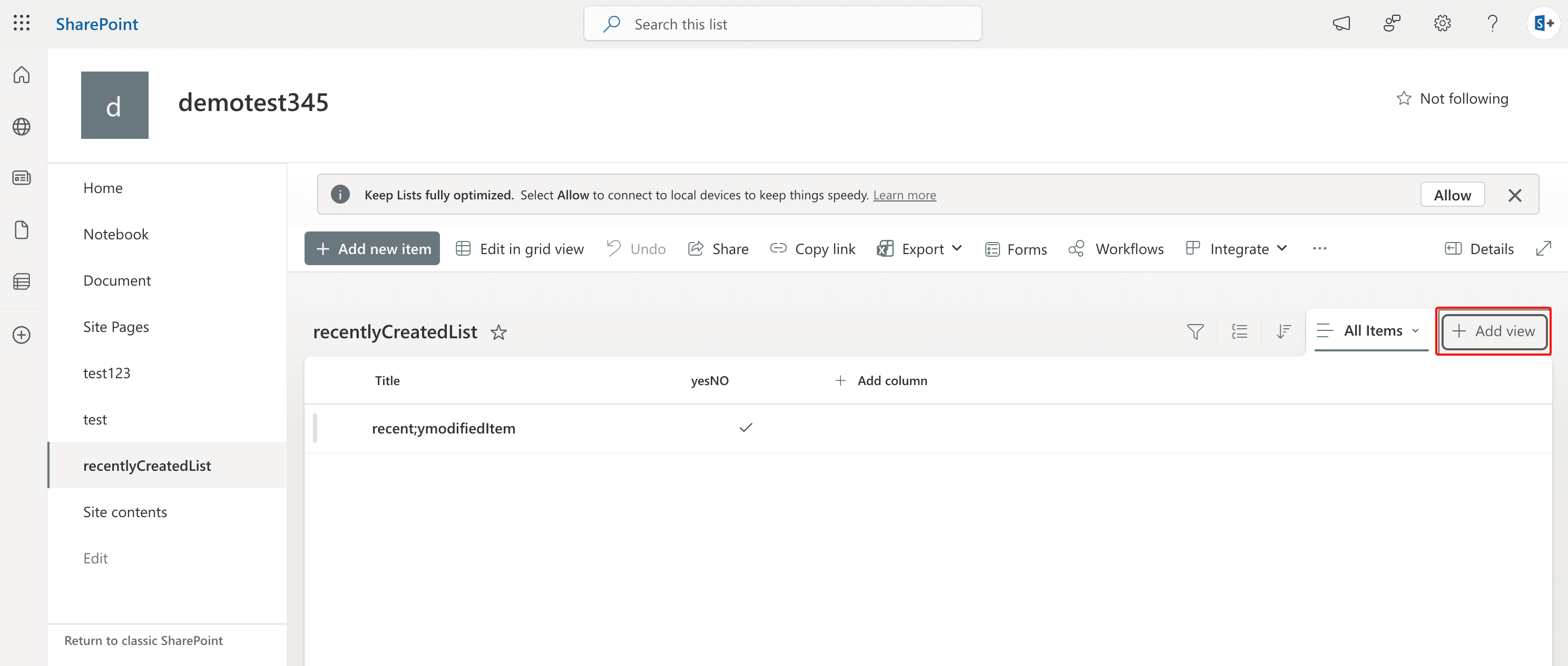 The SharePoint list interface with the + Add view button highlighted in a red box in the top-right corner.