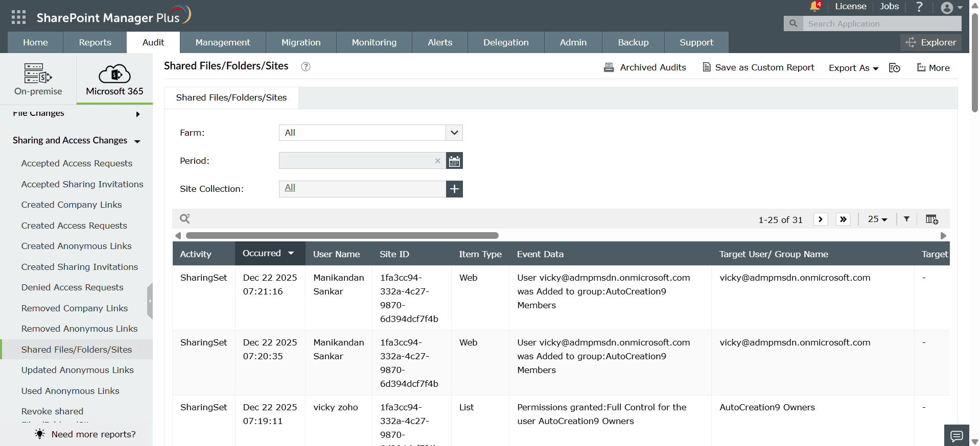 The Shared Files/Folders/Sites audit report in SharePoint Manager Plus