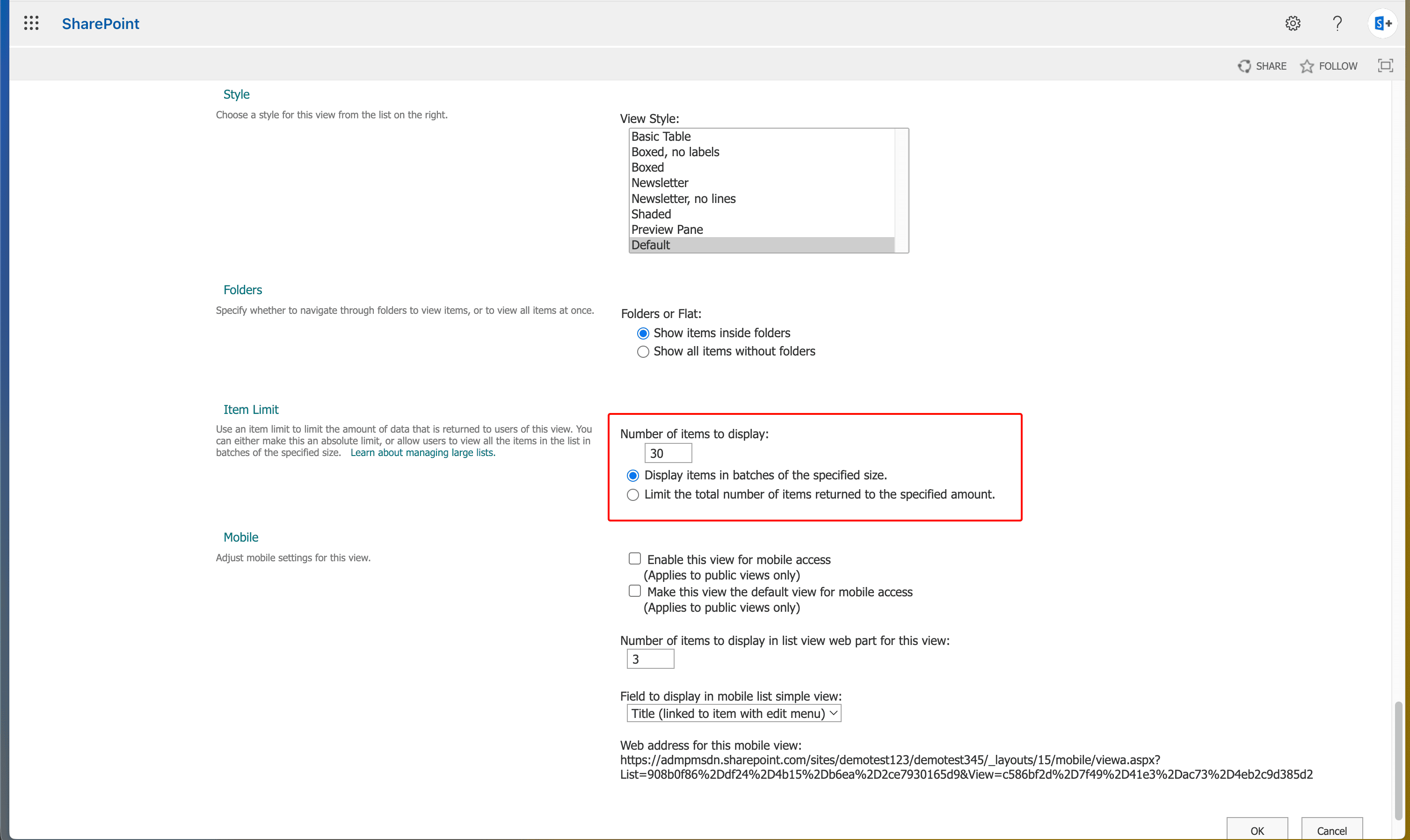 The Item limit field in SharePoint Online with the options to set limit to display items in batches or limit the total number of items returned from list view queries.